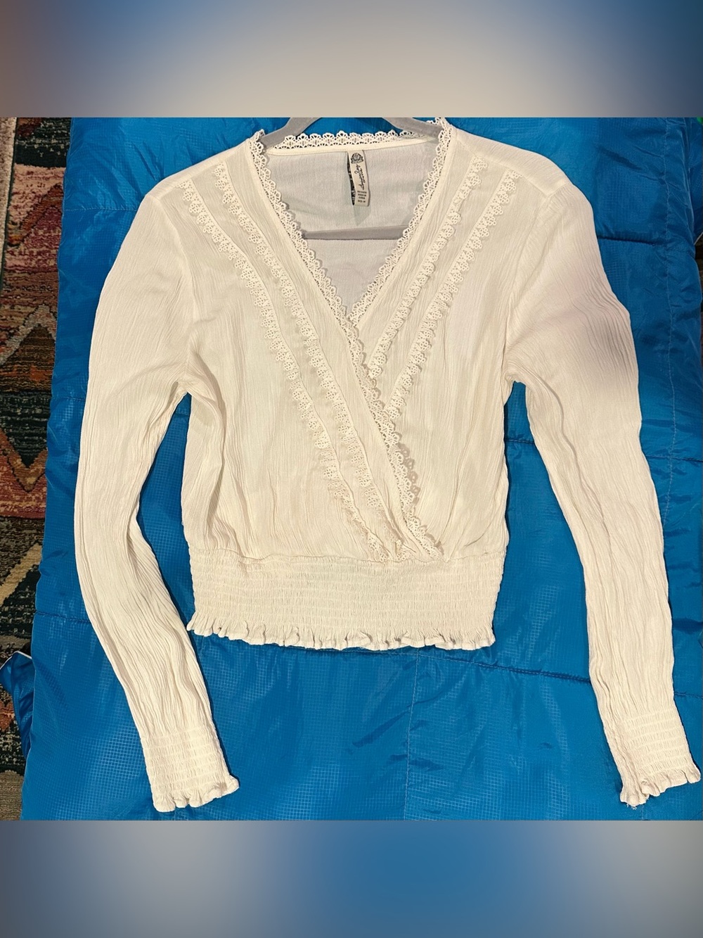 American Rag Ivory Smocked Wrap-Front Long Sleeve Top